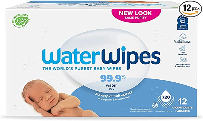 WaterWipes Plastic-Free Original Baby Wipes, 99.9% Water Based Wipes, Unscented & Hypoallergenic for Sensitive Skin, 720 Count (12 packs), Packaging May Vary