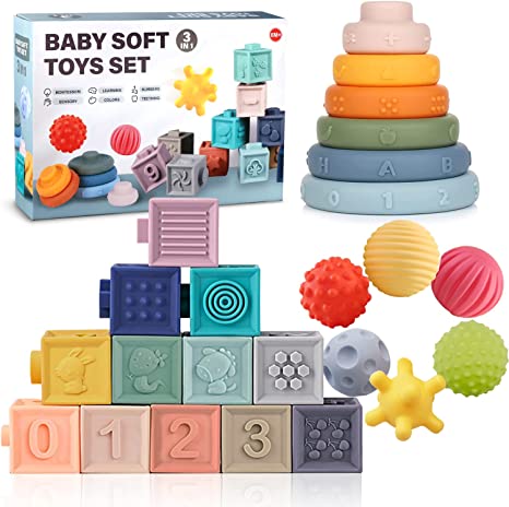 Montessori Toys for Babies Soft Stacking Building Blocks Rings Balls Sets 3 in 1 Soft Baby Toys Bundle for Babies 6-12 Months Sensory Toys for Toddlers 1-3 Teething Bath Toys for Infants Learning Toy
