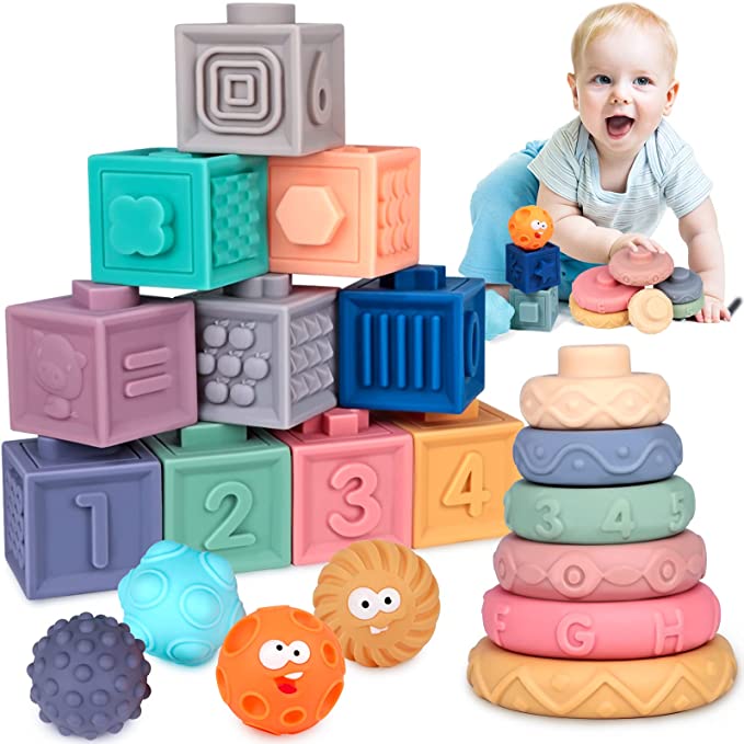 Dreampark Baby Toys 6 to 12 Months - Montessori Toys for Infant 0-6 Months - 3 in 1 Building Blocks Teething Toys for Babies 12-18 Months