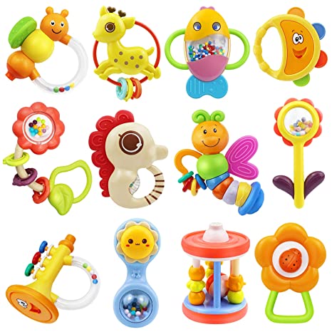 MOONTOY 12pcs Baby Rattle Toys, Infant Teether Shaker Grab and Spin Rattles Toy, Musical Toy Set, Early Educational Newborn Toys Gifts for 0, 3, 6, 9, 12 Months Infant Baby Boys Girls